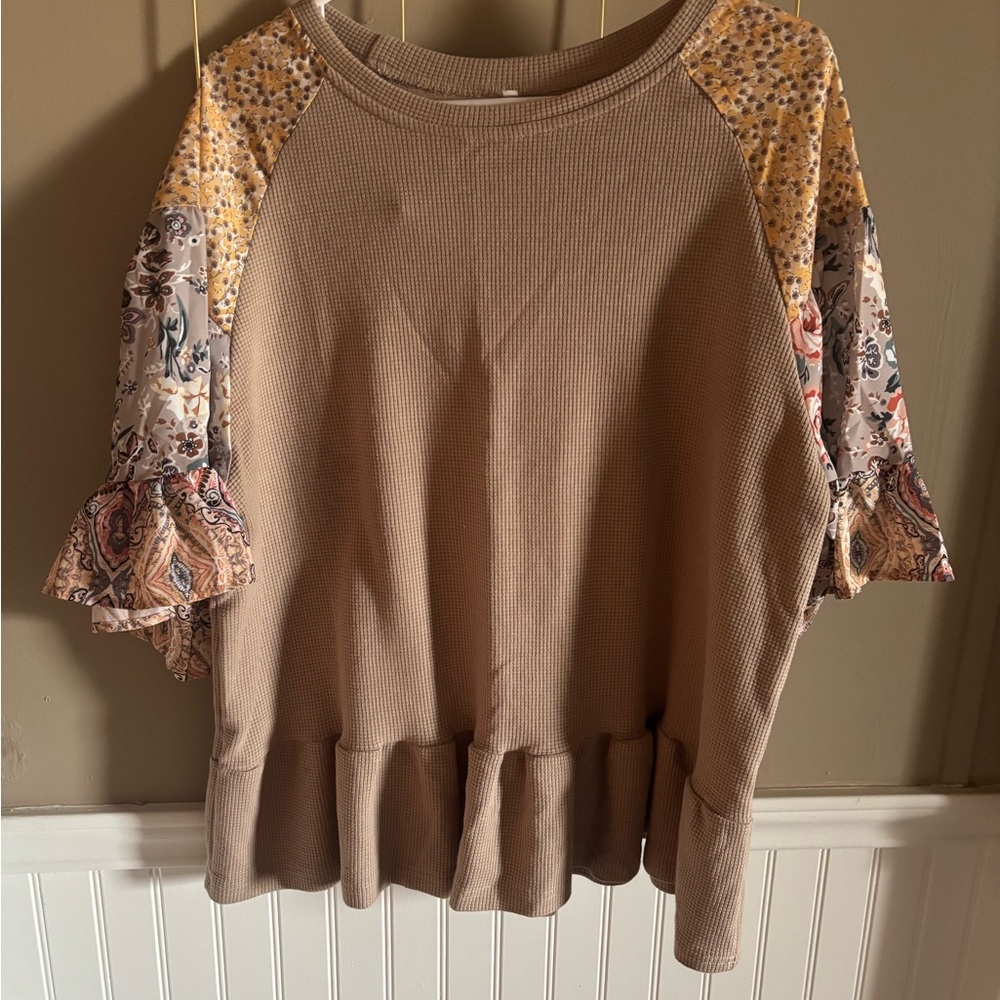Floral Sleeve Tan Women's Top